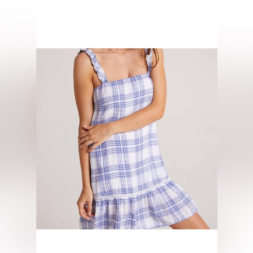 NWOT Bella Dahl Mini Dress Womens Blue Ruffle
Strap Plaid Ocean Blue